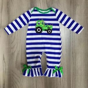 striped tractor Christmas lights romper